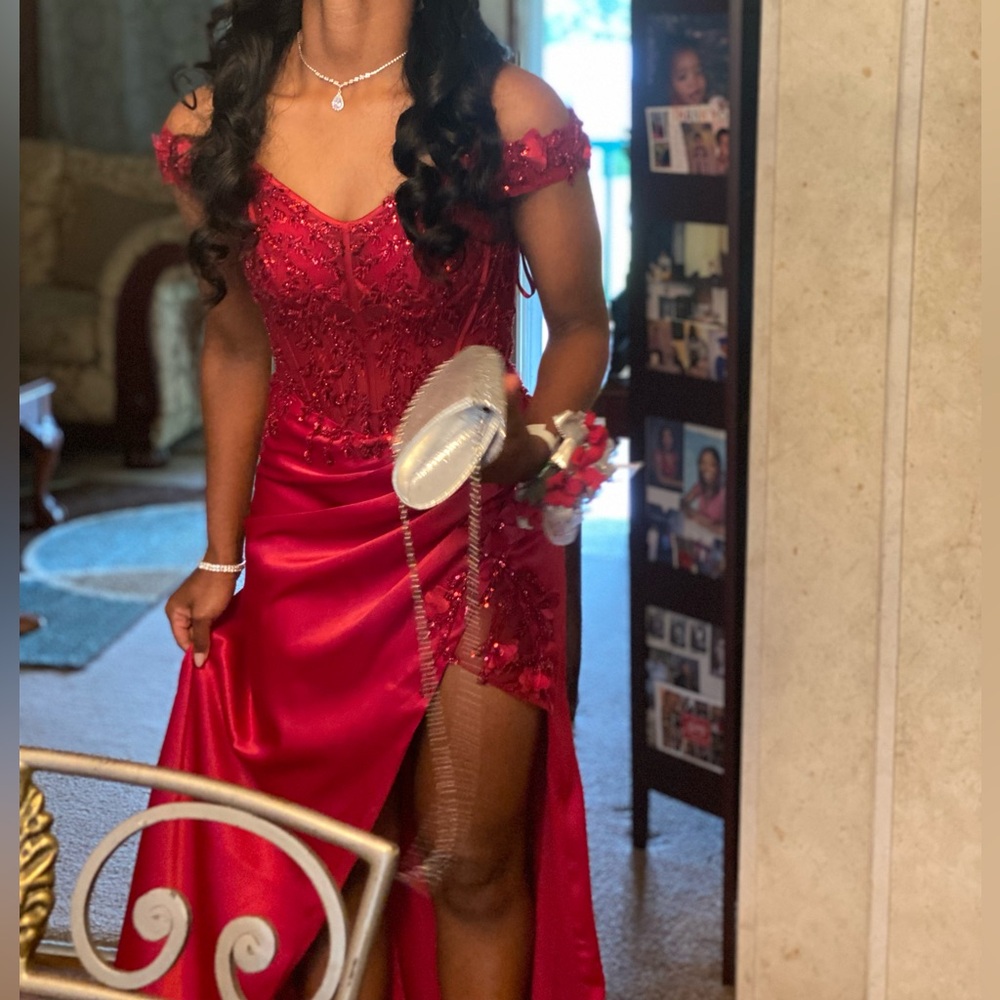 Red Prom Sparkly Slit Dress
